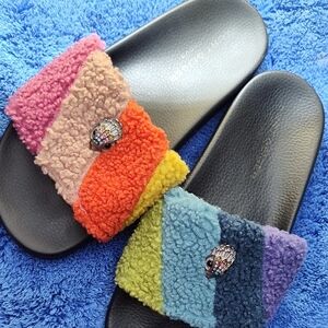 Colorful Fuzzy Slide Sandals with Embellishments
